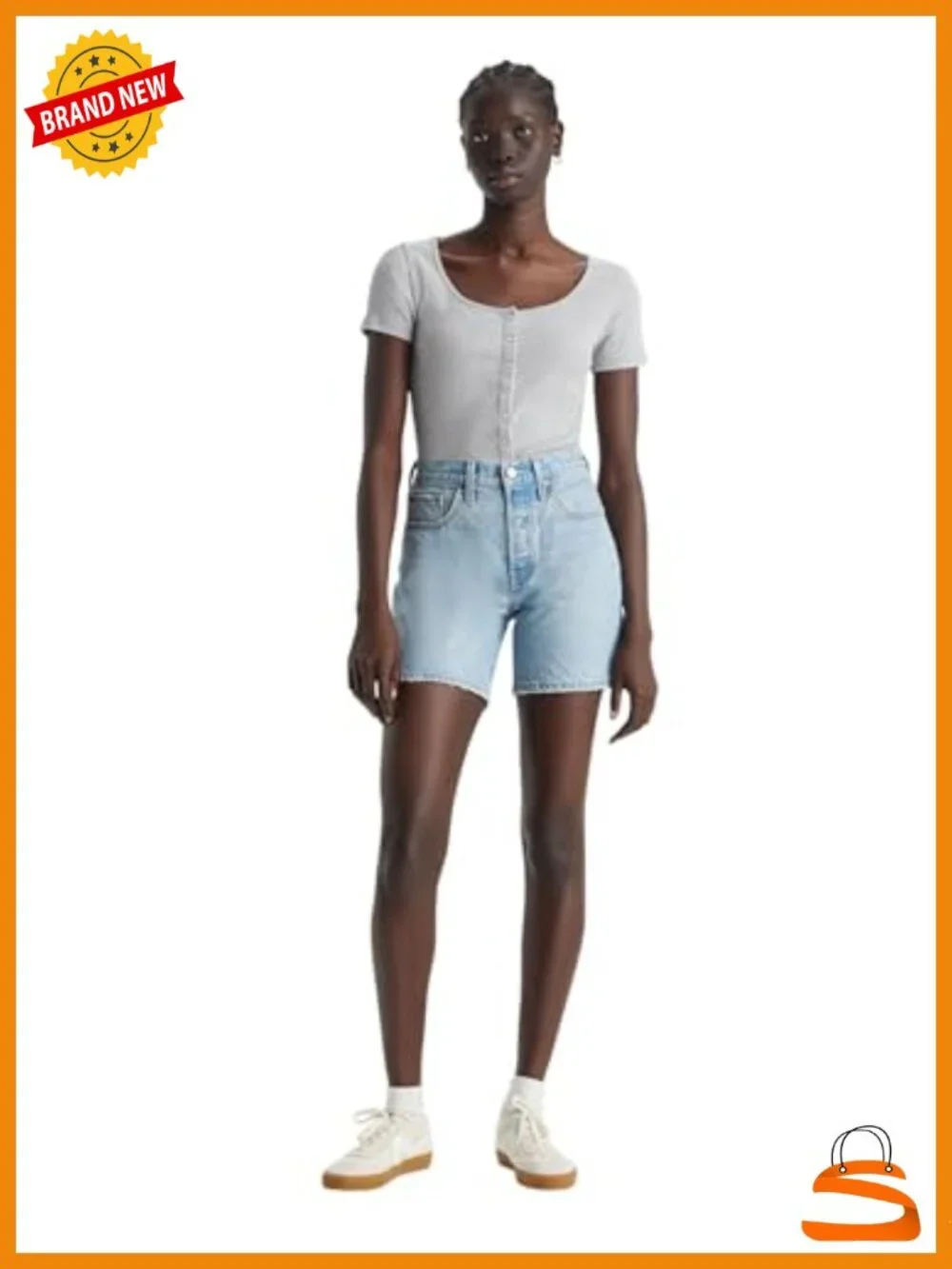 High Rise Denim Jean Shorts Mid Thigh 5 Pockets Button Fly